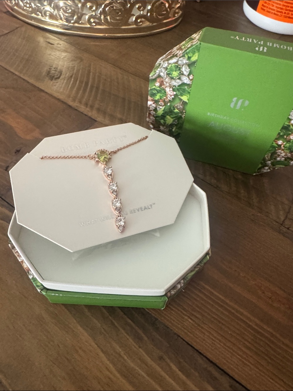 Rose Gold Teardrop Crystal Necklace with Peridot Accent